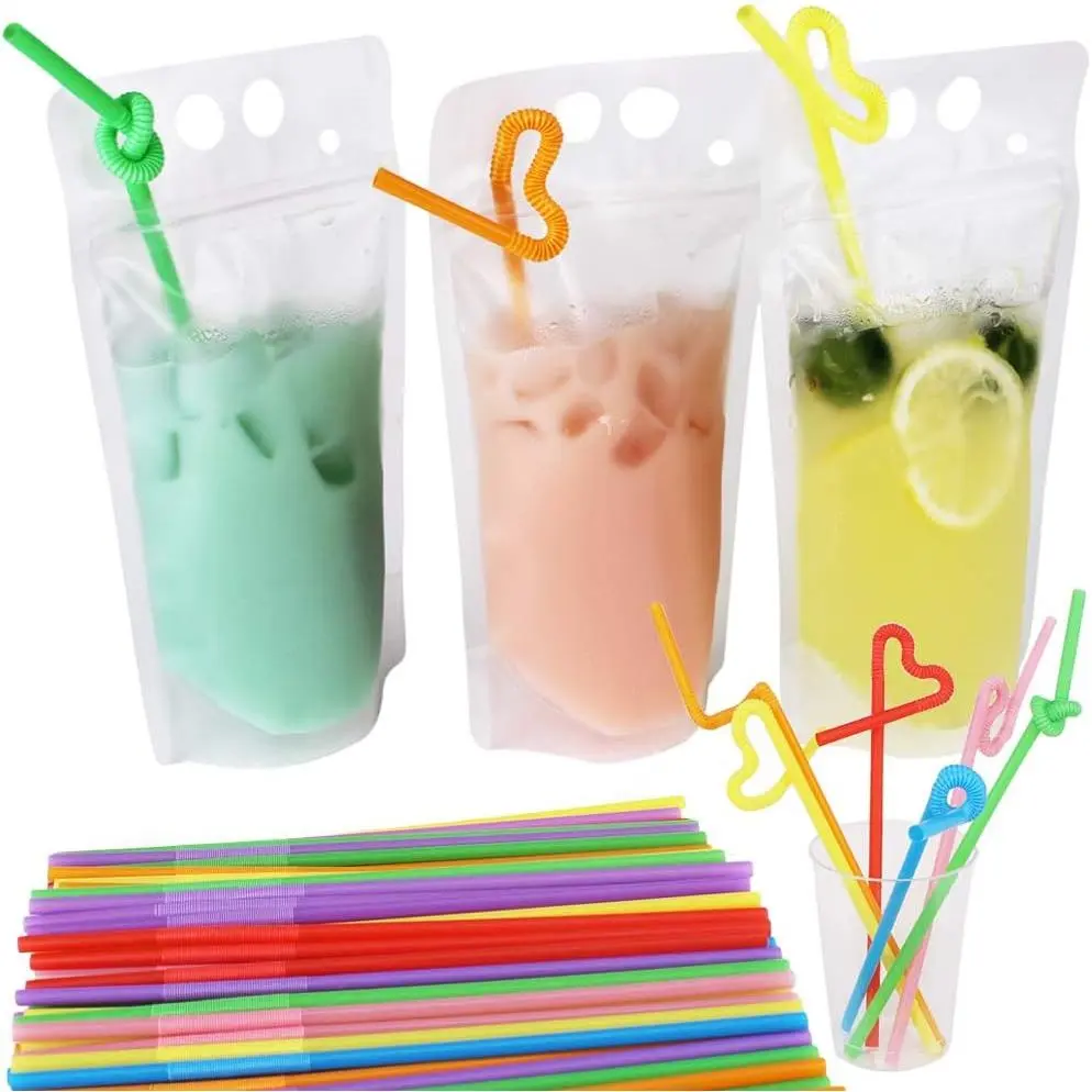 200 Pack 9.1x5.2"(17oz) Clear Stand-up Drink Pouches with Straws | 8mil Thick, , Reclosable Zipper, Hand-held, Translucent, 2.4in Bottom Gusset, Heavy Duty for Juice, Water, Smoothie