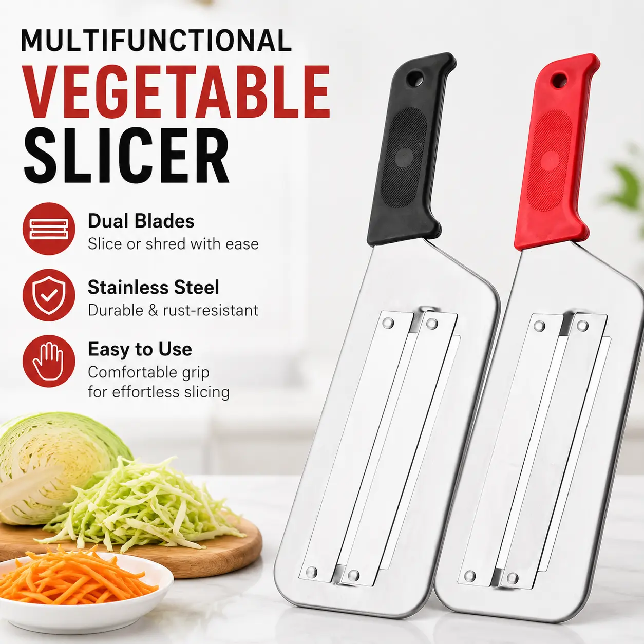 Stainless Steel Cabbage Shredder & Julienne Grater - Detachable Kitchen Utensils for Meal Prep, Dual Sharp Blades, Easy-to-Clean Vegetable Slicer