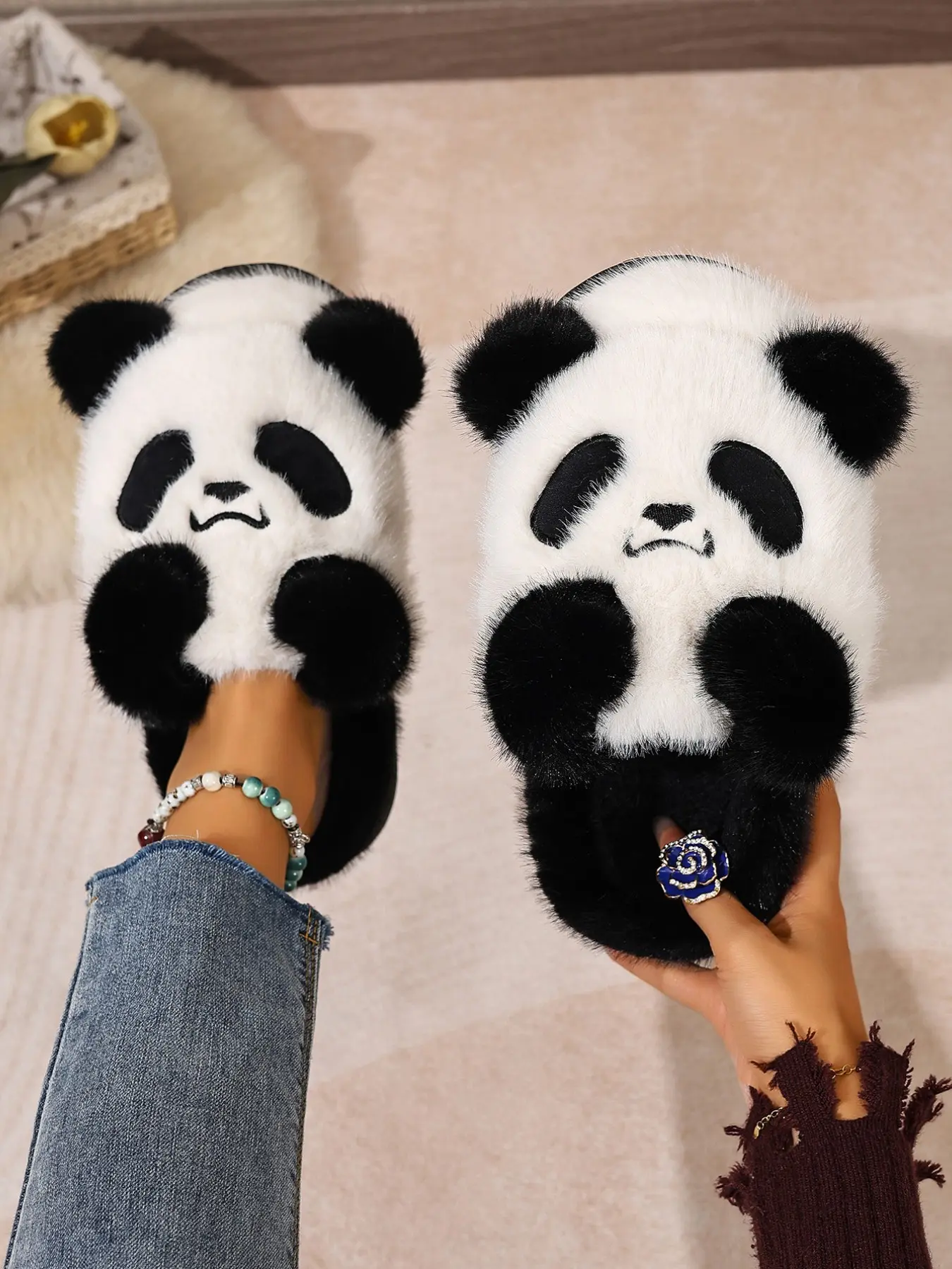 Women's Casual Home Slippers, Cute Panda Design Thick Sole, Warm Cotton Slip-On Shoes, Comfortable Indoor Footwear for Daily Use