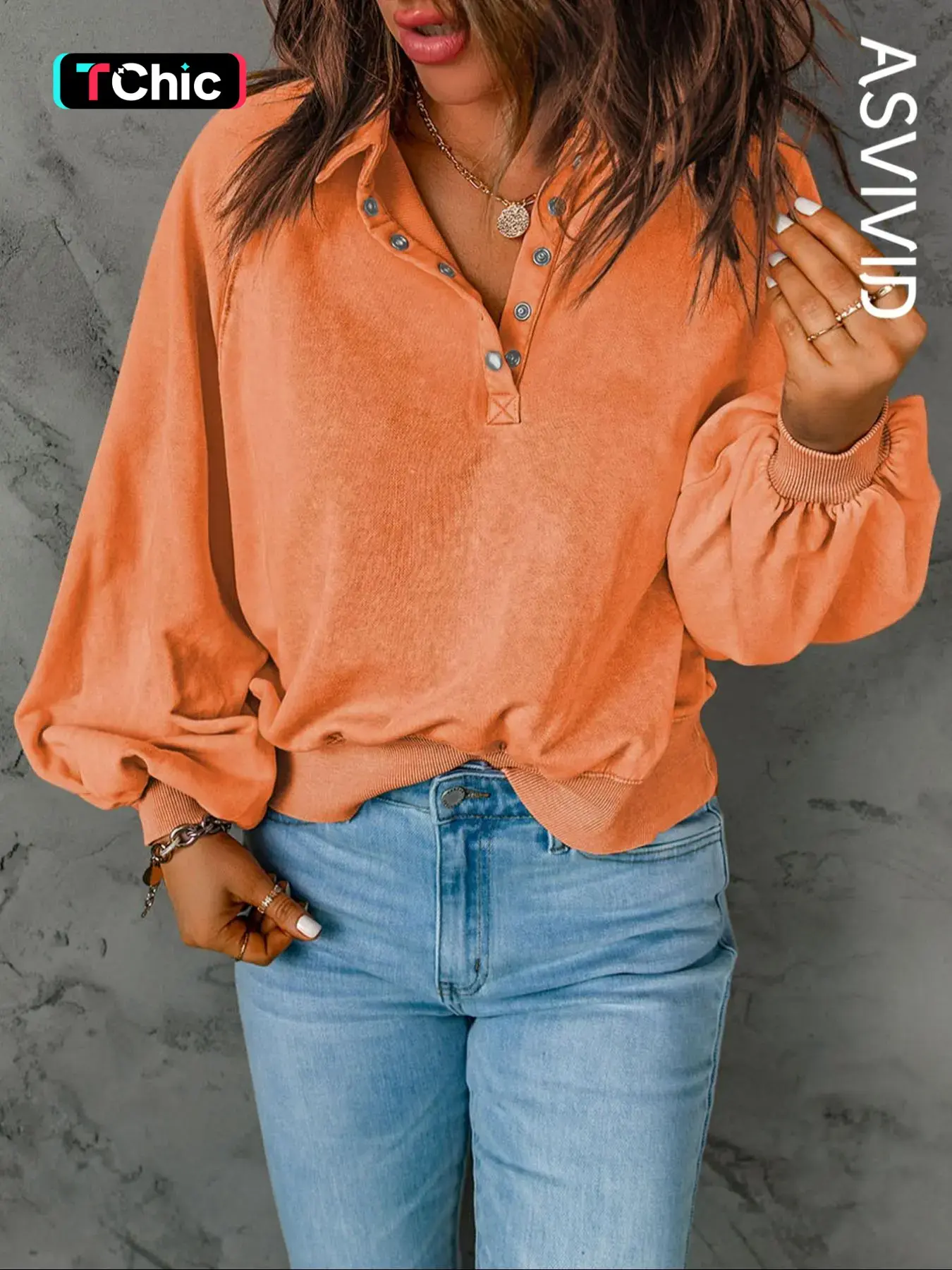 Women's Button Front Lantern Sleeve Heavyweight Streetwear Sweatshirt, Casual Chic Loose Basic Plain Long Sleeve Collared Pullover, Ladies' Clothes for Fall & Winter, National Day Clothing, Womenswear, Style, Fit