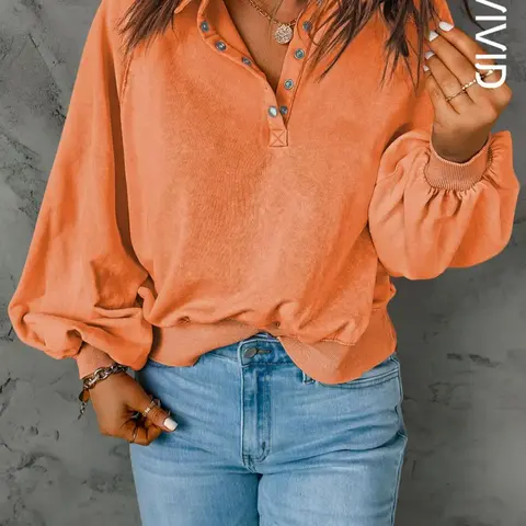 Women's Button Front Lantern Sleeve Heavyweight Streetwear, Casual Chic Loose Basic Plain Long Sleeve Collared Design Pullover, Casual Fashion Sweatshirt, Ladies' Clothes for Fall & Winter, National Day Clothing, Womenswear, Style, Fit