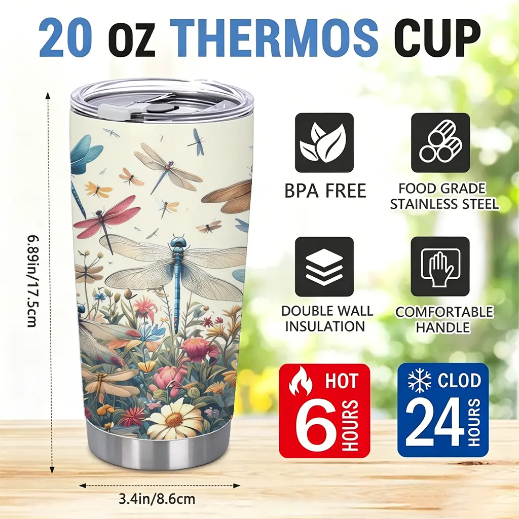 Aesthetic Dragonfly Tumbler 20oz, Floral Garden Stainless Steel Coffee Cup with Lid, Botanical Travel Mug, Cute Gift for Women Moms, Nature Lovers, Office & Outdoor Use thermal