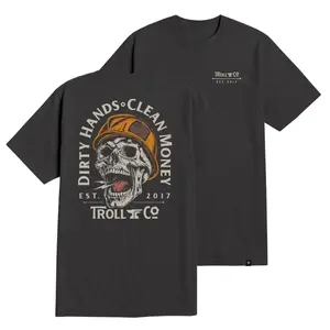 Premium cotton graphic tee with skull and hard hat print, printed with Dirty Hands Clean Money slogan. Showcases blue collar and construction worker pride, funny casual outfit for labor workers daily wear.