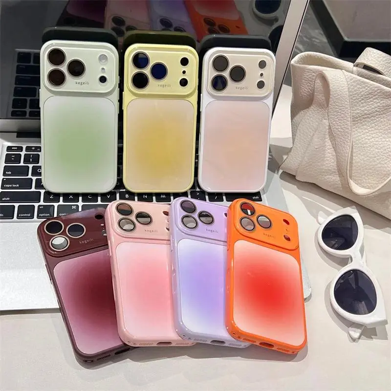 Gradient Halation Large Window Case For iPhone 17 16 15 14 13 12 Pro Max Camera Protection Veneer Leather Hard PC Back Cover