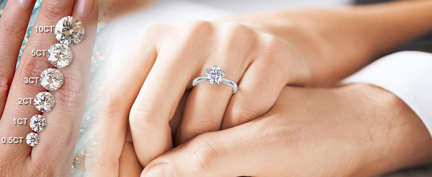 Classic Six Claws 0.5/1/2/3/5 Carats Solitaire Synthetic Moissanite Rings for Women 925 Sterling Silver Rings with 18K White Gold Plated Shiny Lab Create Diamond Promise Wedding Rings Birthday Anniversary Party Gifts