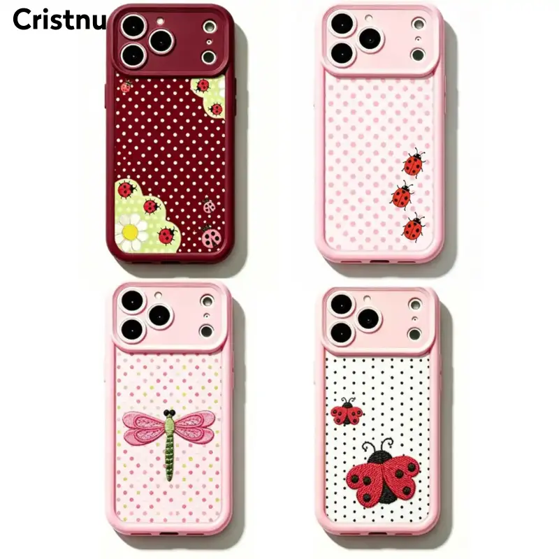 Whimsical Pink Ladybug Smartphone Casing, Cute Cottagecore Aesthetic Handheld Cellphone Cover - Patchwork Polka Dot Floral Design, Kawaii Cartoon Art, Soft Durable TPU, Lens Protection, Compatible with iPhone 11-17 Pro Max, Ideal Gift for Her, Protector