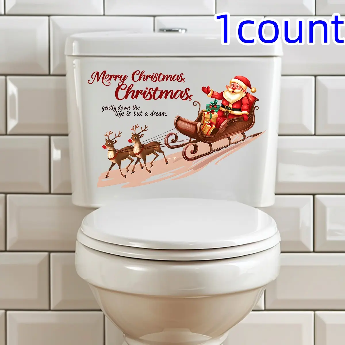 Christmas Santa Reindeer Toilet Sticker, Home Decor Wall Decal, Holiday Decoration, Festive Bathroom Ornament, Easy-To-Apply Adhesive Art