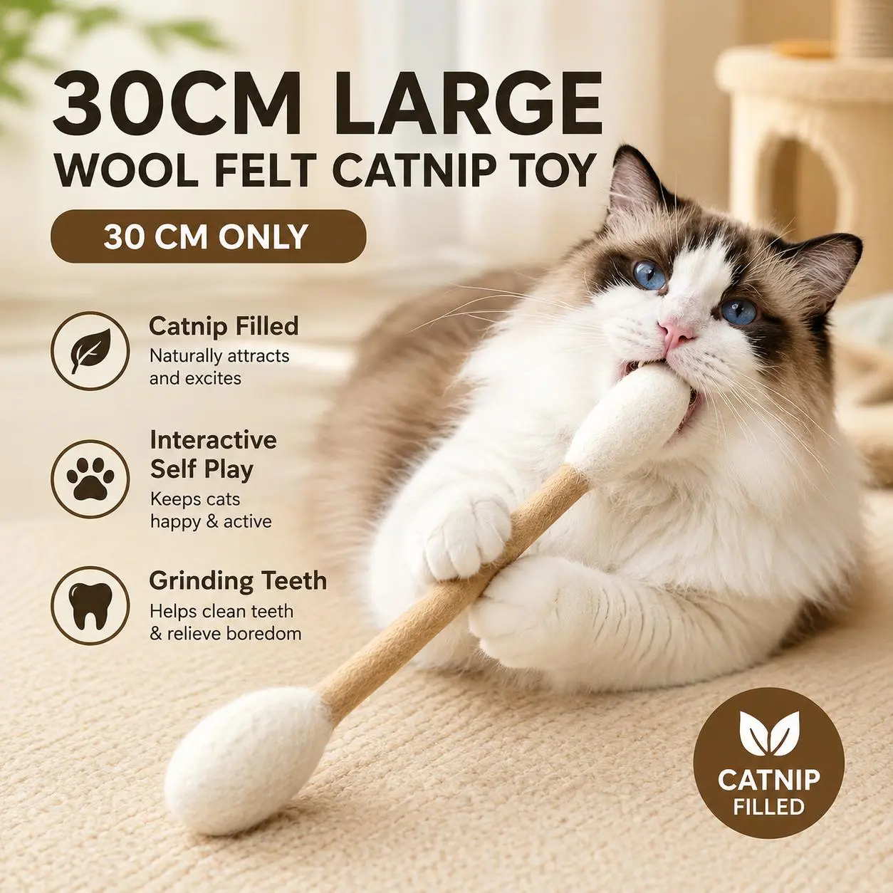 30cm Large Pure Wool Felt Cotton Swab-Shaped Cat Toy - Catnip-Infused Interactive Teaser Wand for Interactive Play, Teeth Grinding, Self-Amusing Sniff Accessory for Indoor Cats