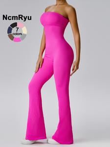 women's solid sleeveless ribbed bell bottom sports jumpsuit, summer clothes women, casual flare leg tube jumpsuit for workout, ladies summer clothes, workout gym clothing