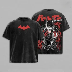 Dual-sided dripping red bat insignia & full spiked helmet laughing bat retro washed cotton tee, iconic gloomy dark hero street top for long-time gotham comic enthusiasts