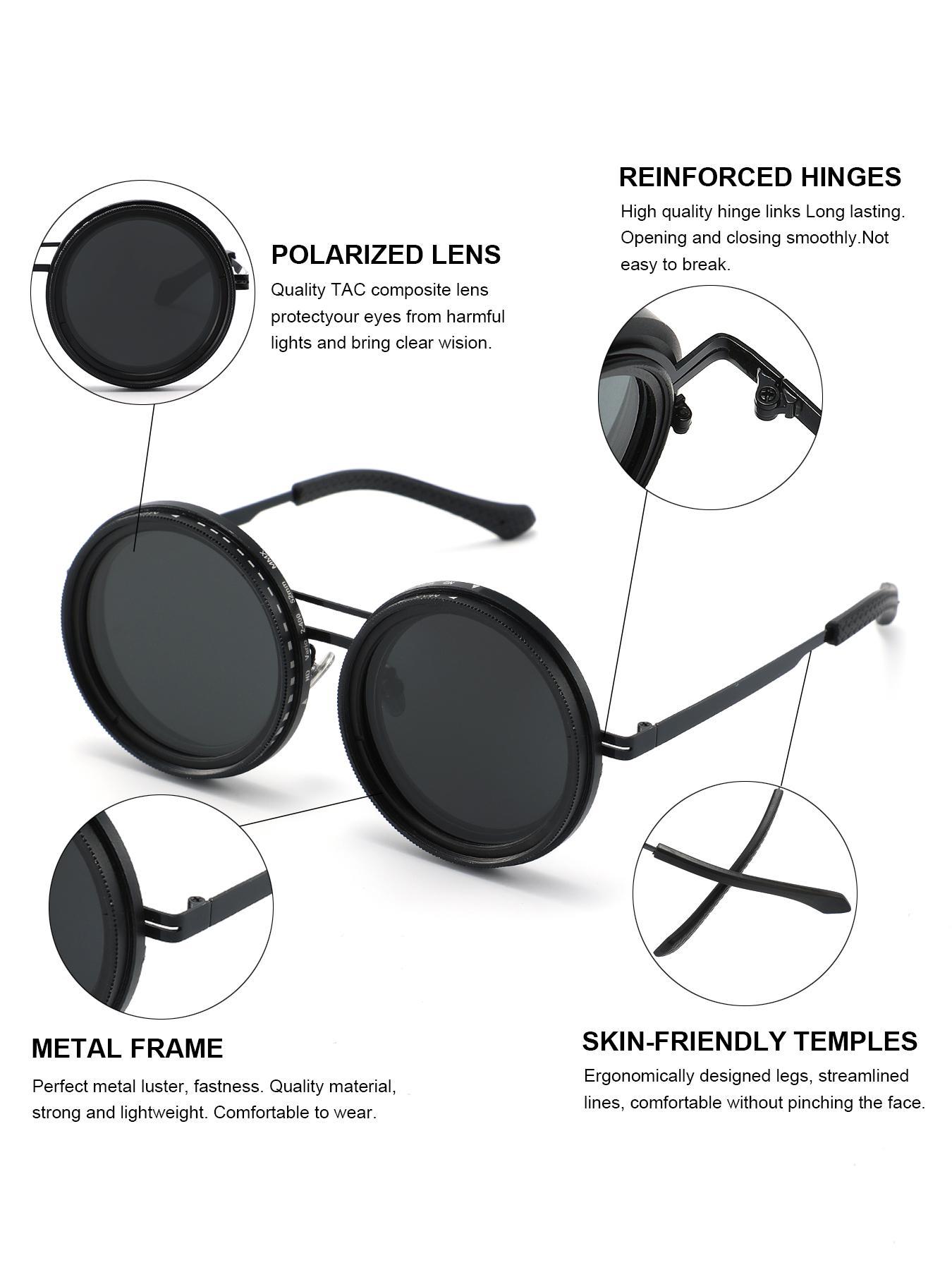 One-mirror with Multiple Uses, Manual Dimming Sunglasses, Adjustable Tint Polarized Round Sunglasses, UV Protection Eyewear for Men, Trendy Casual Sunglasses, High Quality