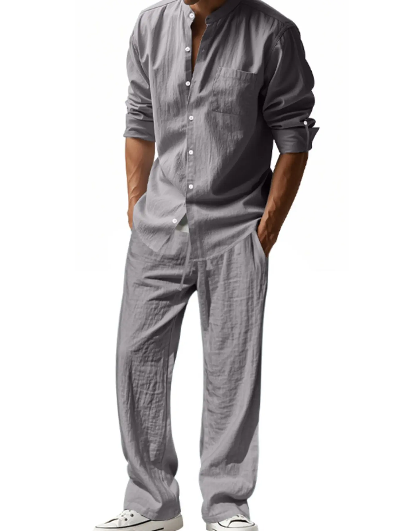 Men's Casual Band Collar Linen Shirt And Pants Set, Relaxed Fit Solid 2 Piece Outfit, Lightweight All Match Co-Ord For Business Casual Holiday Lounging
