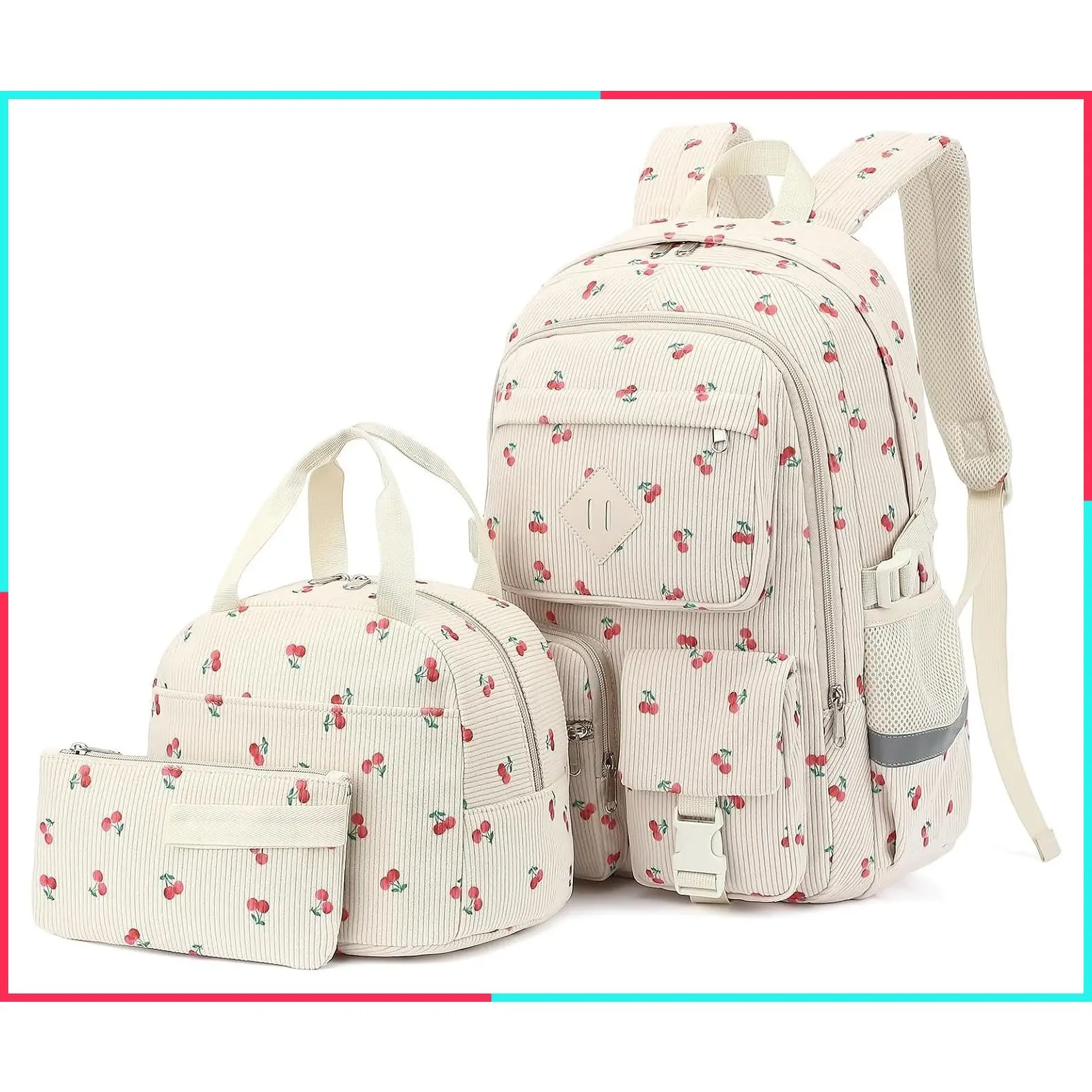 Corduroy Cherry School Backpack Set with Lunch Box and Pencil Bag for Girls Boys Kids Teens