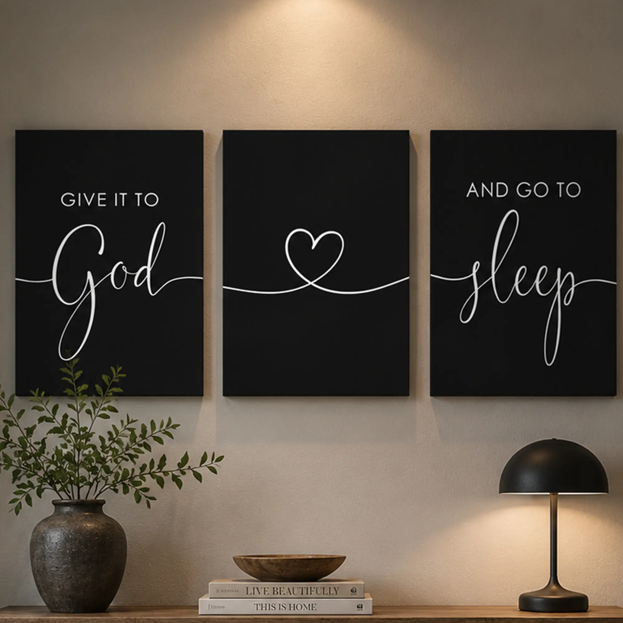 [Ready to Hang] 3pcs Set Give It to God and Go to Sleep Canvas Home Wall Art Decoration Items, Black and White Christian Stretched Framed Posters for Bedroom Decor, Modern Script Script Quote Pictures