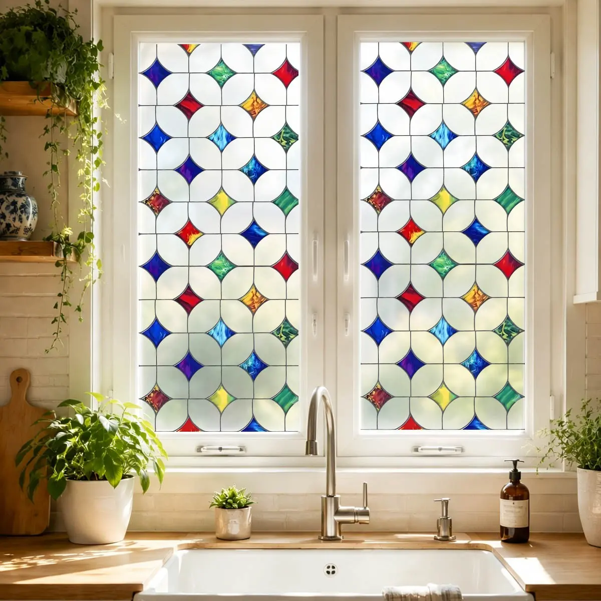 45x100cm Decorative Stained Glass Window Film, Colorful Geometric & Blue Floral, Static Cling Privacy Sticker for Kitchen, Bathroom, Glass Door