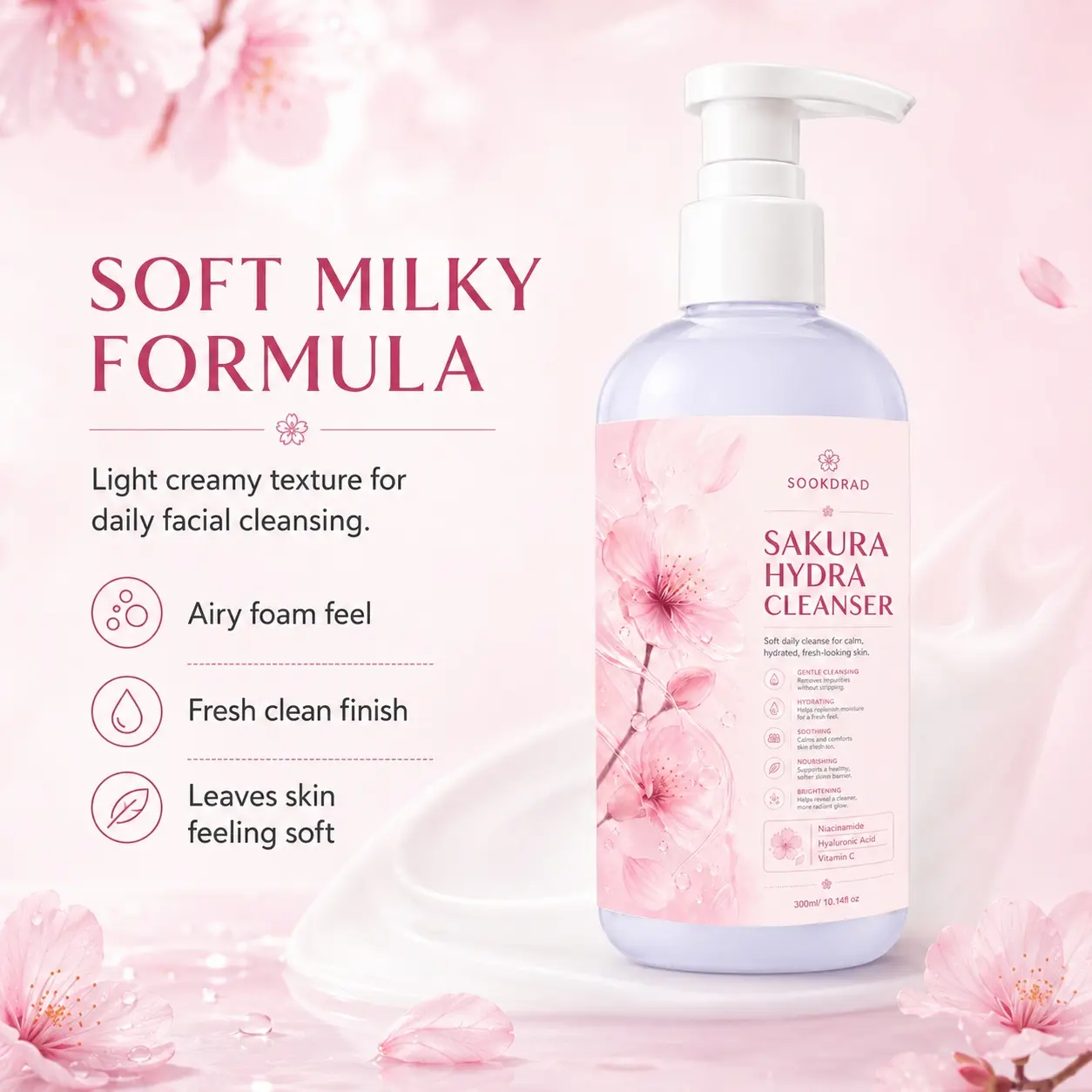 Sakura Hydra Cleanser, contains Niacinamide, contains Hyaluronic Acid, contains Vitamin C, gentle cleansing, hydrating, soothing, nourishing, brightening, for face, for all skin types, daily