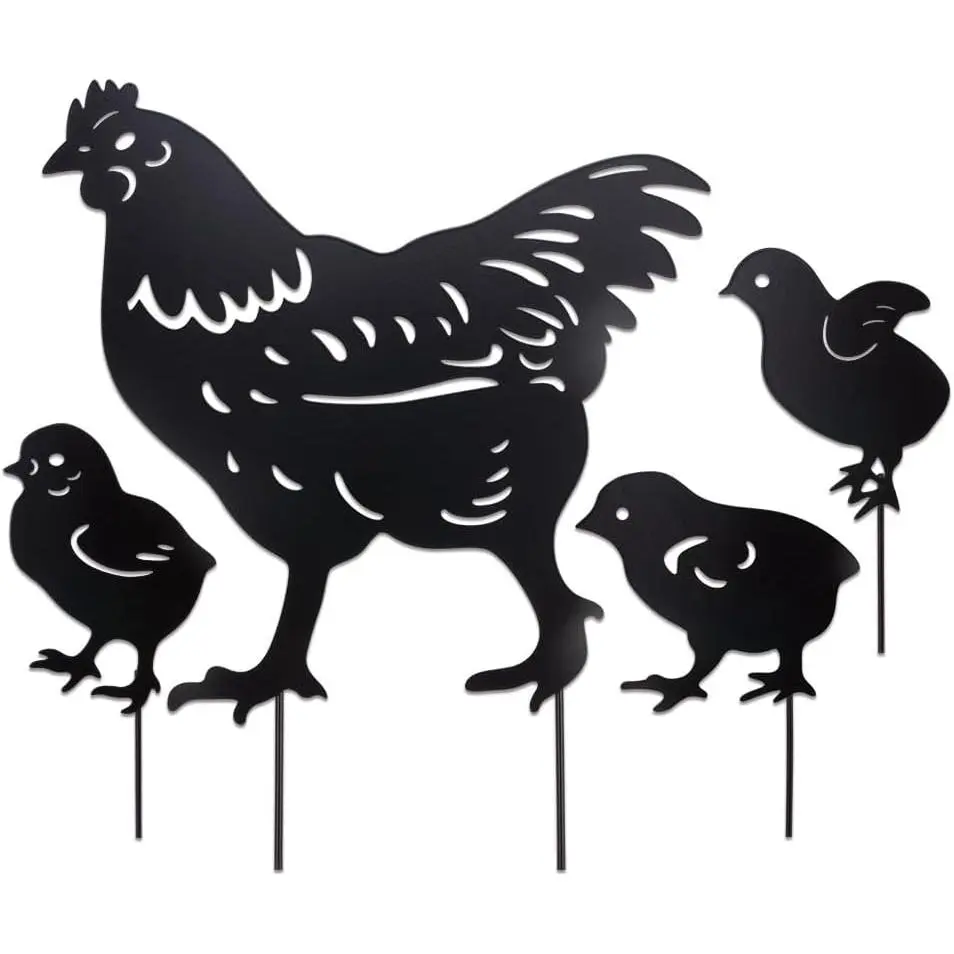 4 count Metal Chicken Garden Decorative Statues Distinct Hen and Chicks Silhouette Design,Black Hollow-Cut Yard Art,  Decor for Lawns Yard Gardens