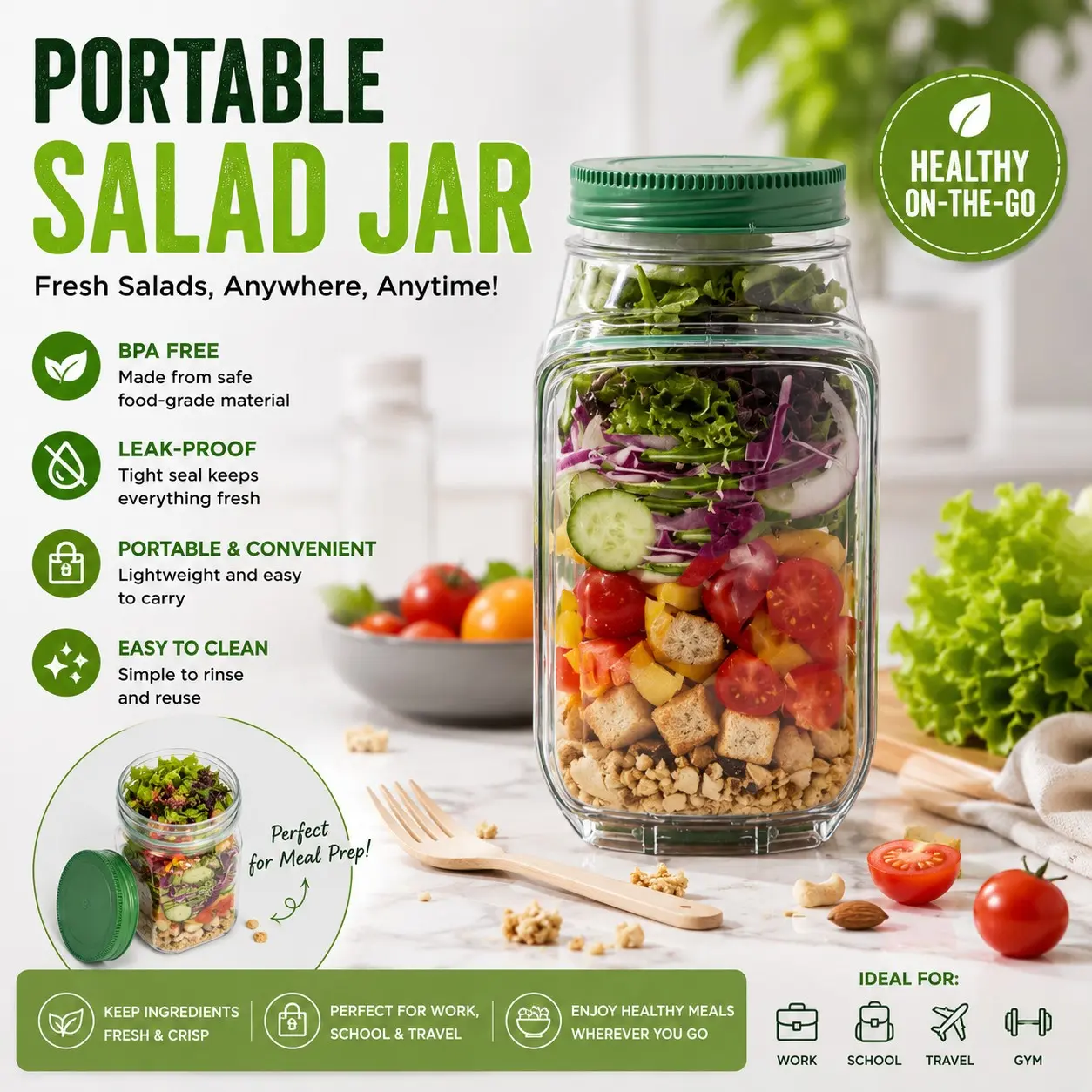 2pcs Portable Salad Storage Containers, Eco-Friendly Plastic, Microwave/dishwasher/freezer Safe, Outdoor Use, Fresh Food Keeper, Salad Mason Jars