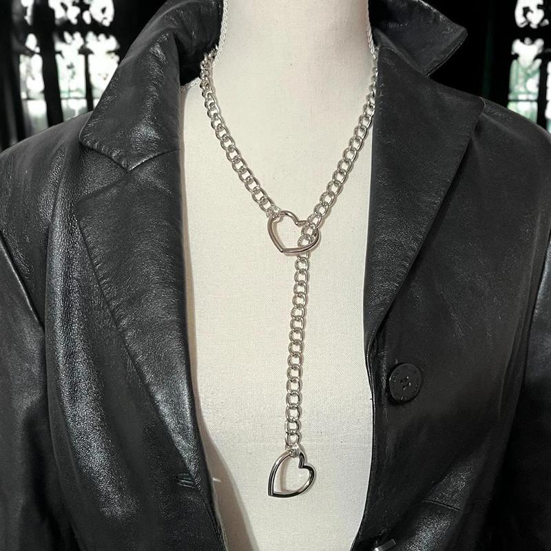 Silver Slip Chain Star O-Ring Lock Open Heart Charm Lariat Necklace for Women Punk Rock Cuban Link Chain Pendant Y Necklace