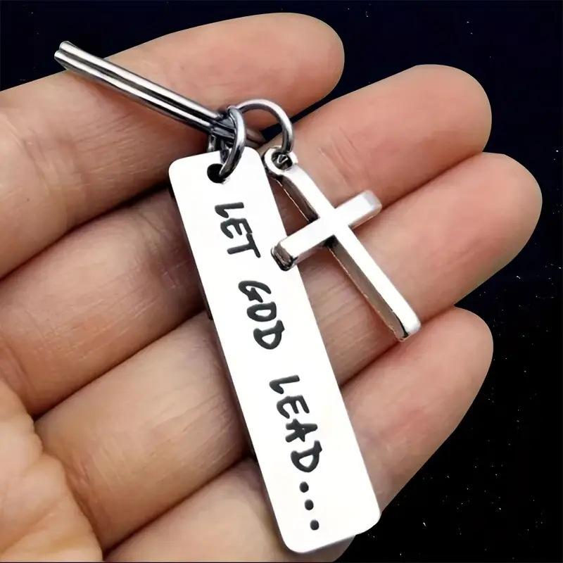Let God Lead Cross Keychain, Engravable Stainless Steel Christian Charm, Religious Faith Key Ring for Backpack Bag Accessory