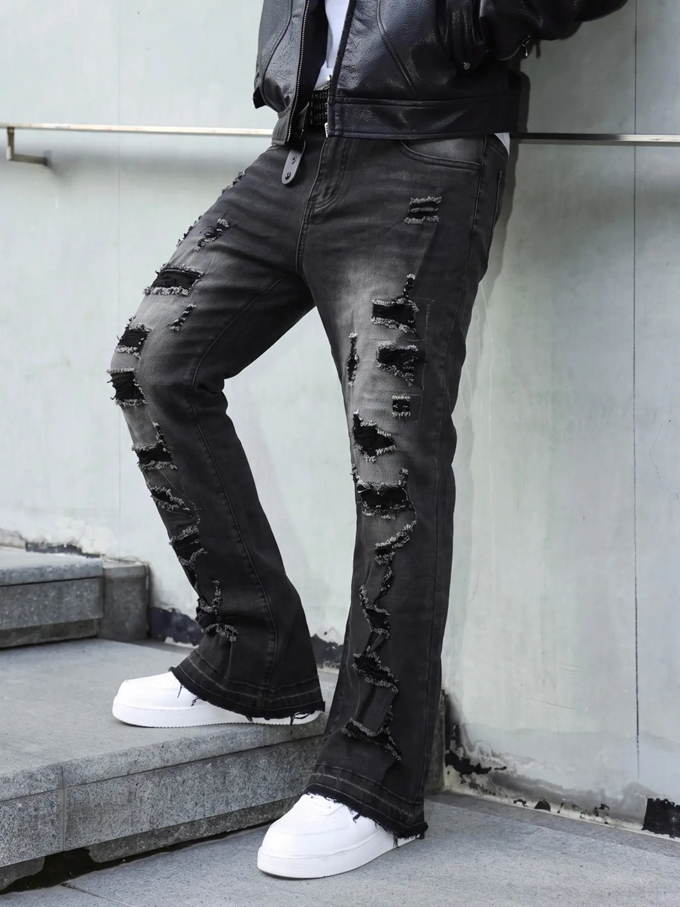 Men's Y2K American Distressed Ripped Loose Microflare Jeans, European High Street Gradient Washed Edge Split Elastic Bell Pants, All Seasons