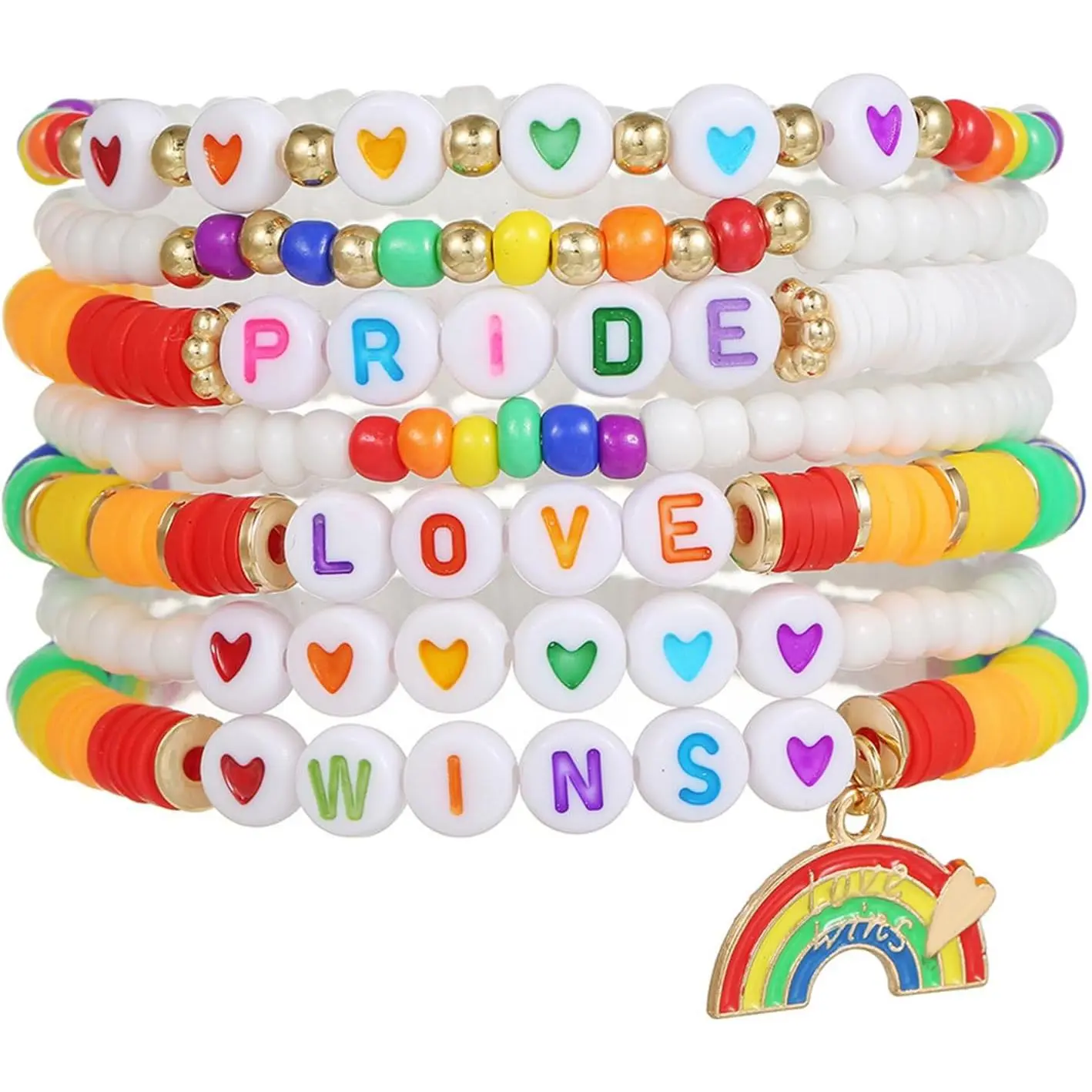 Colorful LGBT Pride Rainbow Bracelets Set for Women Men Personalized Love Wins Clay Bead Multilayer Stretch Bracelets