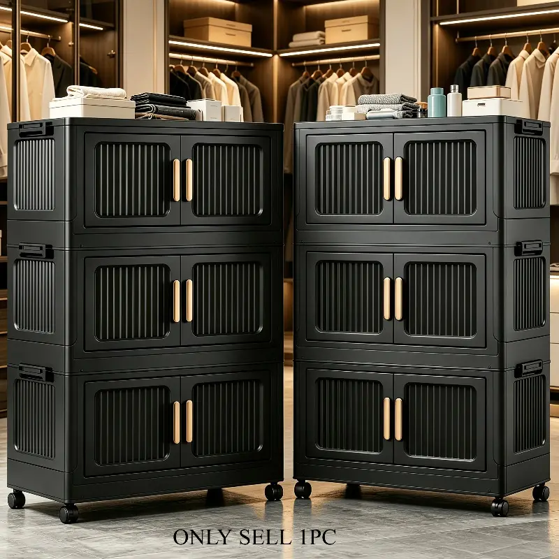 Stackable wardrobe storage cabinet, 3/4/5/6 layer black large capacity movable storage cabinet, convenient foldable plastic wardrobe organizer, double door storage box, space saving portable wardrobe with lid and door