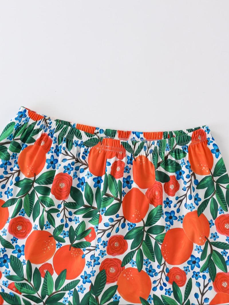 Women's All Over Print Pajamas Set, Button-up Short Sleeve Top & Elastic Shorts, Comfortable Summer Loungewear, Lady Elegant Nightwear, Womenswear, Casual Pajama Sets