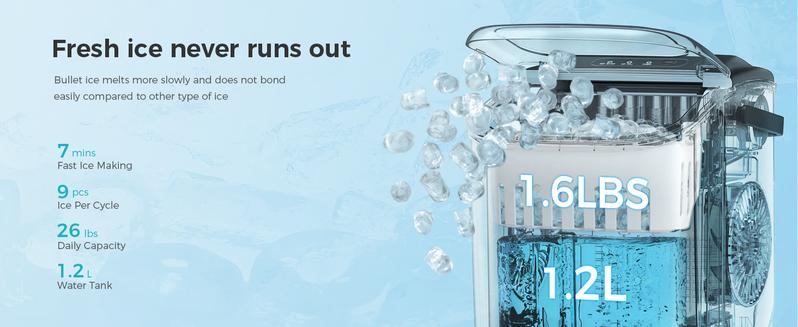 Kismile Ice Makers Countertop with Carry Handle,26Lbs/Day,9 Cubes in 6 Mins,Self-Cleaning Ice Machine for Home,Office,Kitchen (Black) Icemakermachine