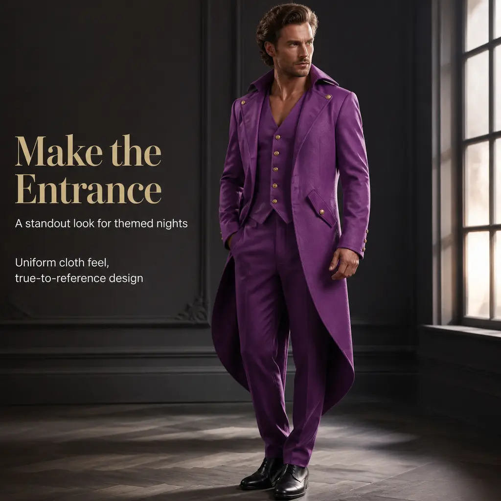 Men's Purple Victorian Long Tailcoat - Gothic Steampunk Lapel Frock Coat, Medieval Noble Gentleman Gold-Button Cosplay Outerwear