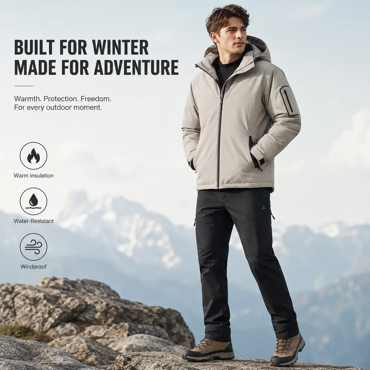 Men's Winter Insulated Hooded Jacket Water Resistant Windproof Outdoor Coat Warm Zip Up Hiking Jacket Casual Softshell Thermal Shell for Camping Trekking Travel Skiing Fishing Work Commuting Cold Weather Outerwear with Multiple Pockets