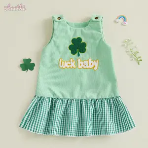 Baby Girls Tank Dress Irish Day Sleeveless Round Neck Clover Letter Embroidery Plaid Hem Dress