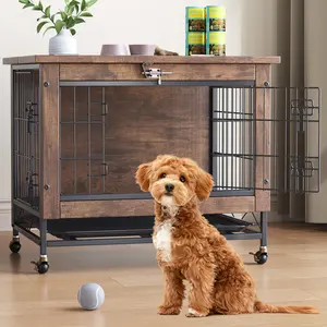 Rustic Brown 26.4"L x 19.7"W x 25.6"H Heavy-Duty Anti-Chew Wooden Small Dog Crate Furniture with Dual Doors and Rolling Wheels, Decorative Indoor Kennel Serving as a Practical Side End Table for Small and Medium Breed Dogs