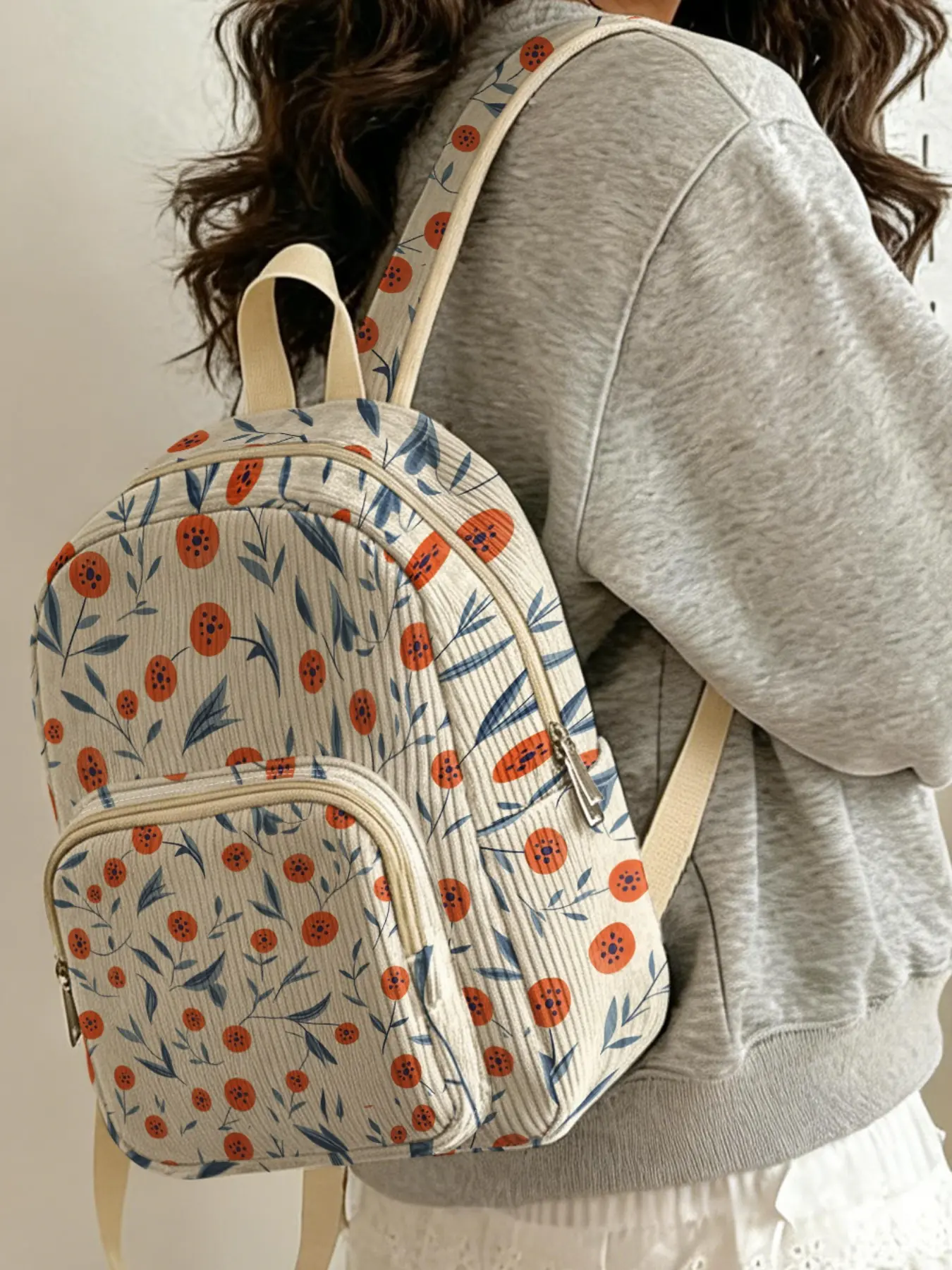 Women's Floral Blue Leaf Print Backpack, Velvet Texture, Layered Storage, Lightweight, Casual Style, All Seasons