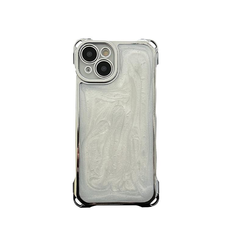 Silver Plated Four-Corner Shockproof Phone Case for iPhone 17 Pro Max 16 15 Pro Max 14 Plus 13 12, Minimalist Pearlescent White & Cement Gray Silicone Cover, Trendy Luxury for Women