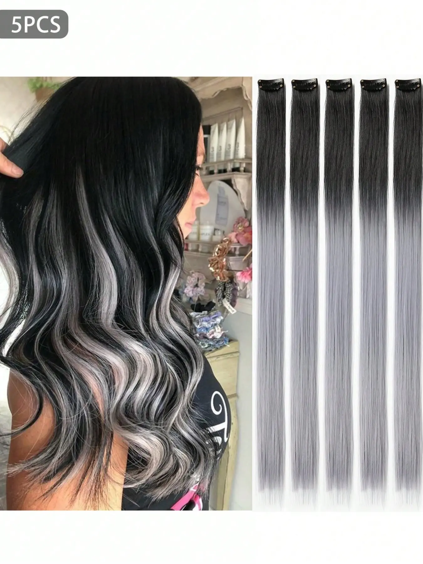 5pcs Synthetic Long Straight Clip-In Extension Hair, Synthetic Hairpieces, 20 Inches Ombre Grey Color, Hair Extension for Women Used Daily, Party, Cosplay, Halloween, Christmas Party Gifts, Synthetic Fiber Extensions