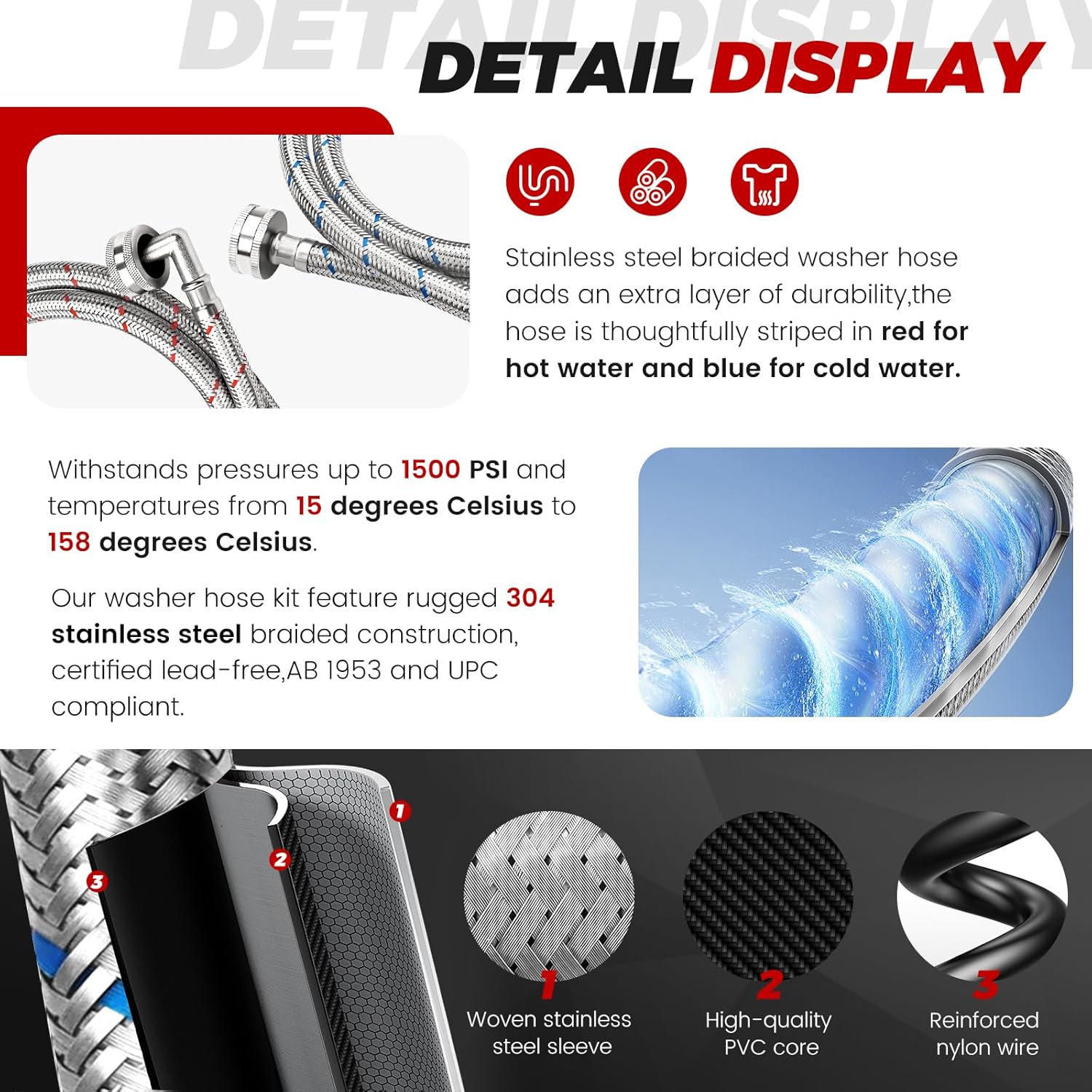 6Ft Stainless Steel Washer Hose with 90  Elbow by  for  Washers - 2 Pack Burst Proof Red and Blue Braided Hoses for Hot and Cold Water  - 10  Warranty