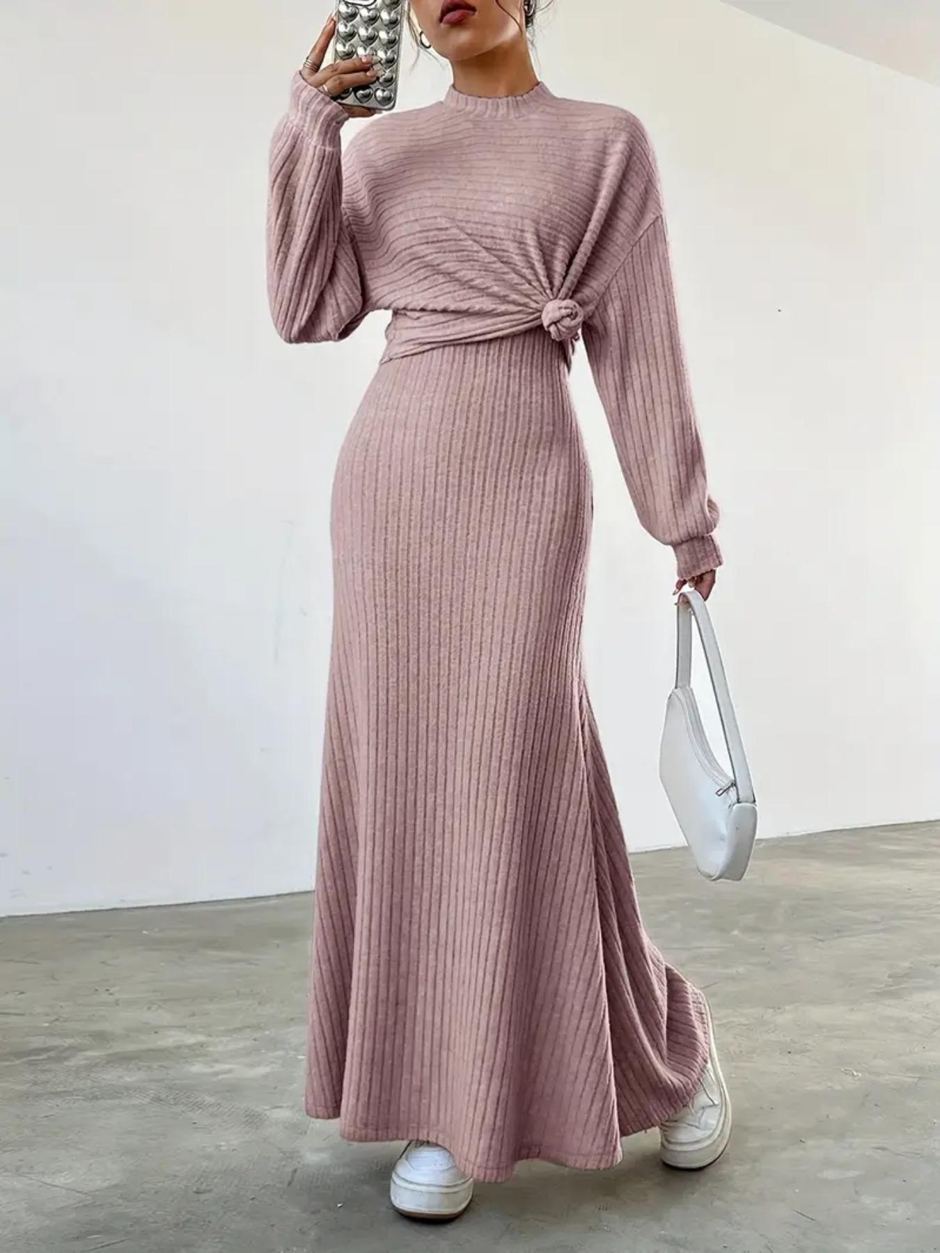 Women's Solid Color Long Sleeve Top & Long Dress Set, Casual Top, Lady Fall & Winter Clothes for Daily Wear