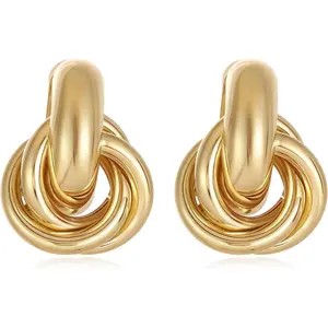 14K Gold Plated Knot Earrings for Women, Heart Link Drop Dangle Earrings, Chunky Golden Knotted Statement Jewelry
