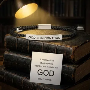 God Is In Control Engraved Bracelet, Adjustable Black Braided Faith Reminder, Hypoallergenic Steel Inspirational Wristband, Christian Jewelry Gift for Men Women, Daily Anxiety Reminder Religious Accessory