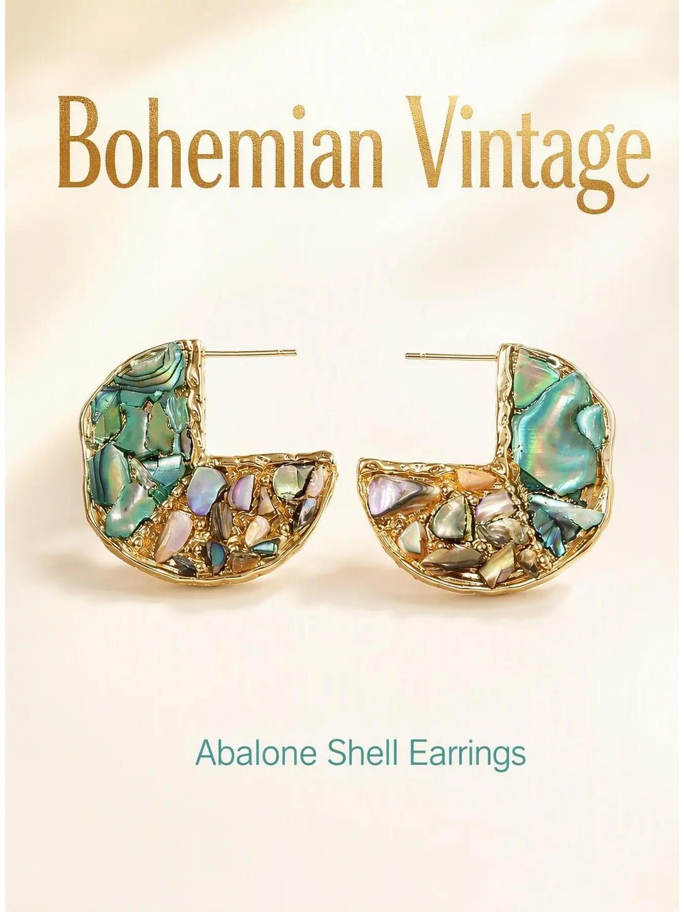 Composite Abalone Shell Mosaic C Shaped Stud Earrings, Boho Irregular Inlay Gold Tone Earrings, Vintage Handmade Statement Jewelry for Women Vacation Party Daily Wear