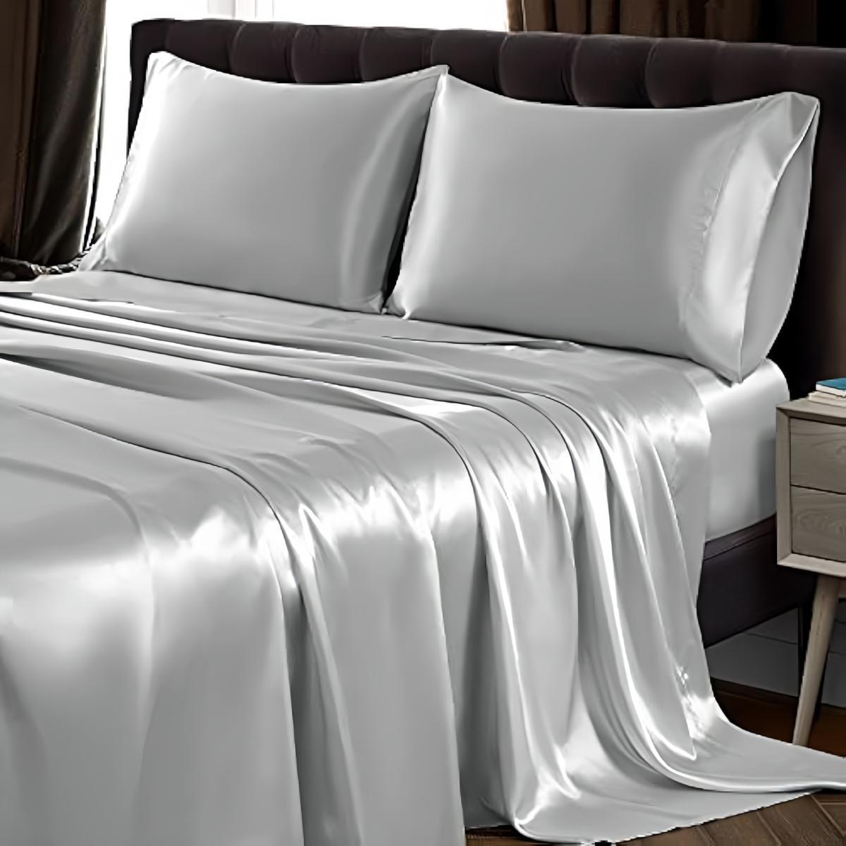 Solid Color Satin Bedding Set, 3/4 Counts Includes 1 Flat Sheet, 1 Fitted Sheet, and 1/2 Pillowcase without Filler, Soft Mattress Protector, Room Accessories, Satin Bed Sheets