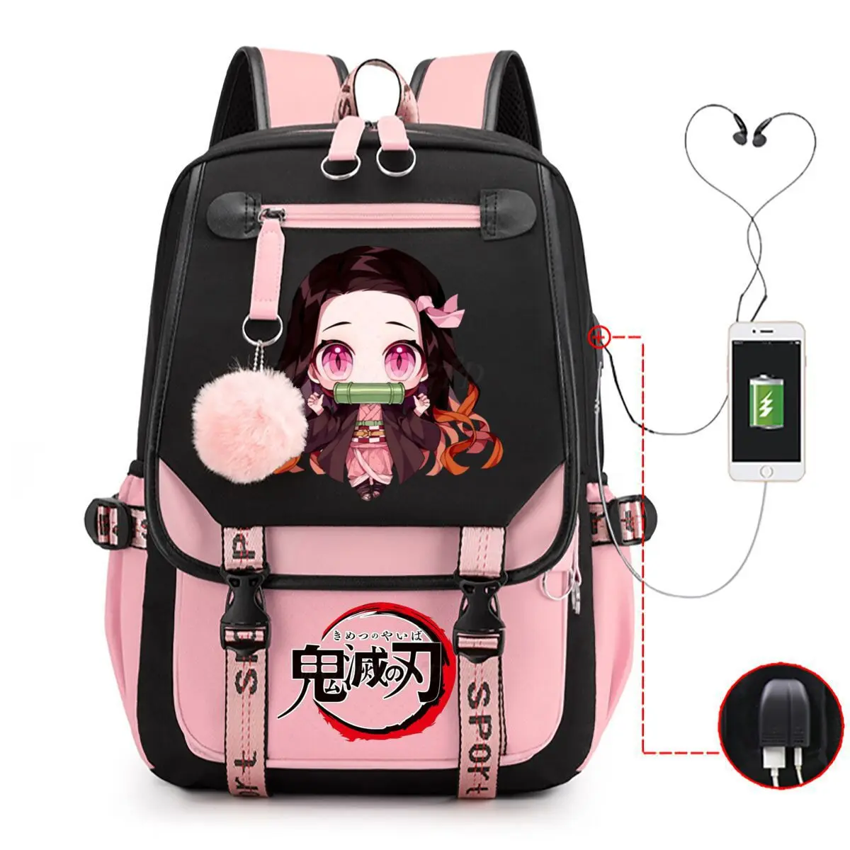 Demon Slayer Plain Portable Lightweight Backpack - Premium School Backpack for Teens, Anime USB-Charging Stylish Daypack, Large-Capacity Travel Bag for Fans, Anime Theme, Cow Hide Leather, Zip Closure, Back To School Haul, Large Capacity Backpack