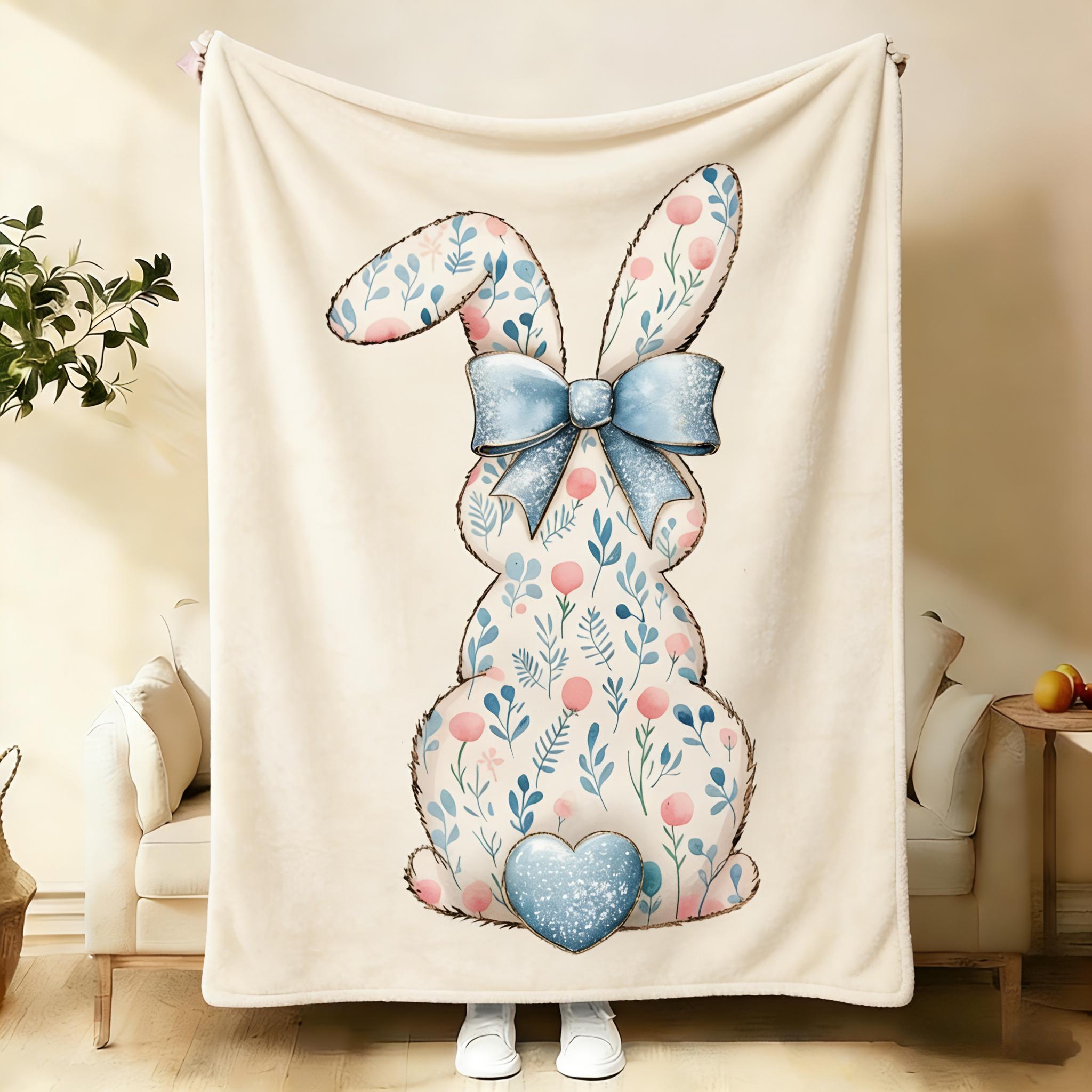 2026 New Flannel cartoon style Easter Bunny Butt Blanket with Blue Bow, Aesthetic Floral Rabbit Flannel Blanket, Warm Cozy Home Decor for Spring Applies to Super soft  decorative sofa/sofa/bedroom