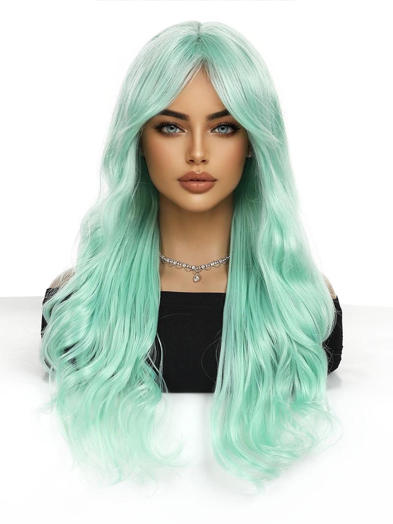 26 Inch Mint Green Long Curly Wigs for Women, Gorgeous Fluffy Wigs with Blunt Bangs, Synthetic Full Machine Wigs for Party, Daily Use