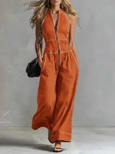 Women's Loose Solid Color Stand Collar Sleeveless Zipper Jumpsuit, Casual Commuter Jumpsuit, Comfortable and Stylish One-Piece for Daily Wear