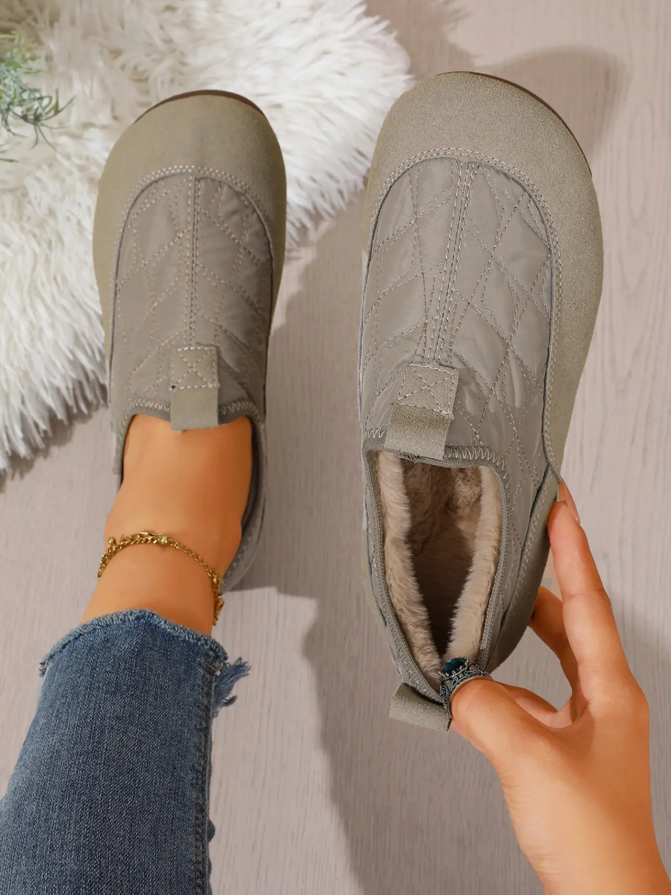 Women's Plaid Patchwork Slip-On Cotton Shoes, Fall Winter Soft Sole Anti-Slip Lazy Person Shoes, Casual Warm Flat Home Outdoor Beanies