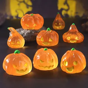 Halloween Glow Pumpkin Figurines Resin Mini Jack O Lantern Set Cute Ghost Pumpkin DIY Micro Landscape Decor Tabletop Desktop Display Props Seasonal Home Office Car Decoration Collectible Small Ornament Gift Party Atmosphere Accent