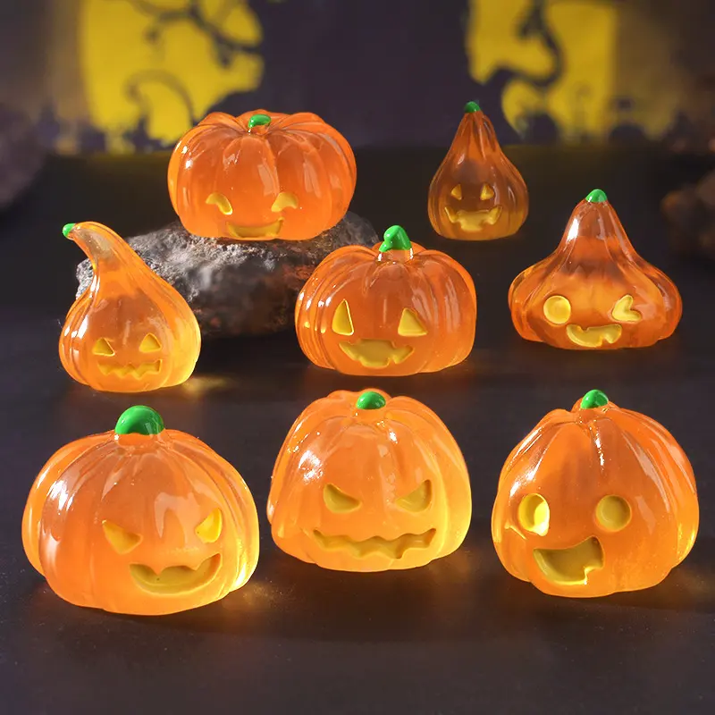 Halloween Synthetic Resin Mini Glow Pumpkin Figurines Set, Cute Ghost Jack-O'-Lantern DIY Micro Landscape Decor, Luggage-Bag Accessories for Home Office Car Party Gift Collectibles, Collectible Small Ornament Gift, Cute Ghost Pumpkin, Party Atmosphere