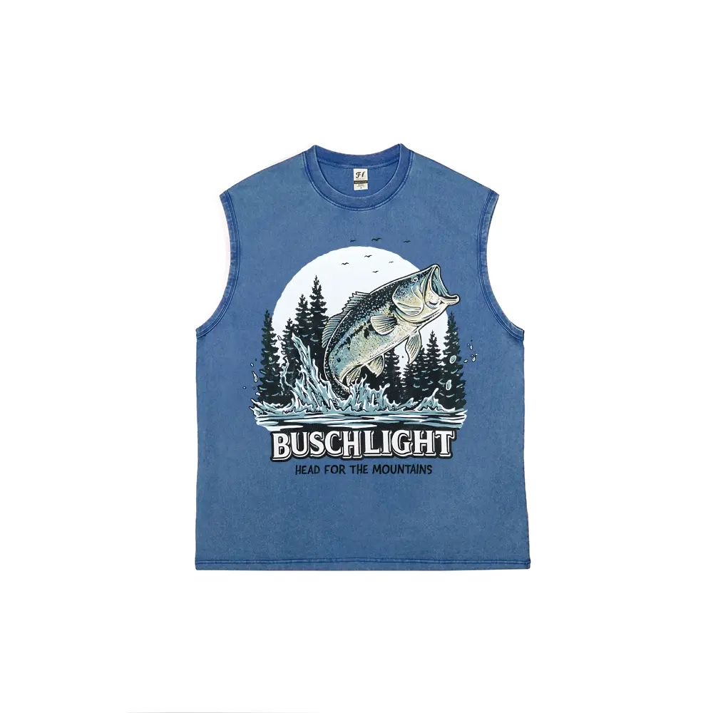 Vintage Busch Light Fishing Graphic Tank Top Unisex Streetwear Sleeveless Shirt | Retro Acid Wash Summer Boat Party Vest, Casual Muscle Tee